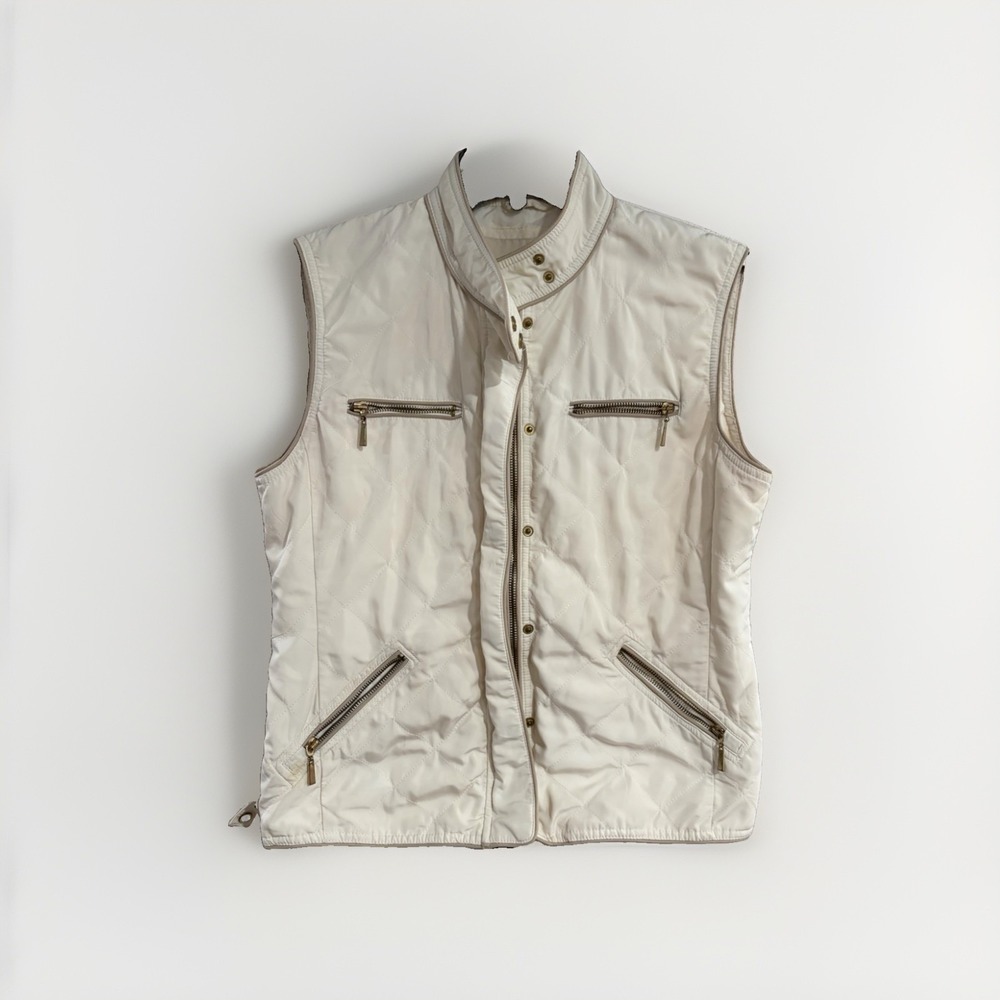 Zara Basic Womens XL Ivory Quilted Utility Vest Gold Zip Pockets Moto F172